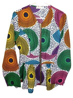 Shenbolen M Colorful Ankara Print Peplum Jacket Gold Zip Boho Festival Top
